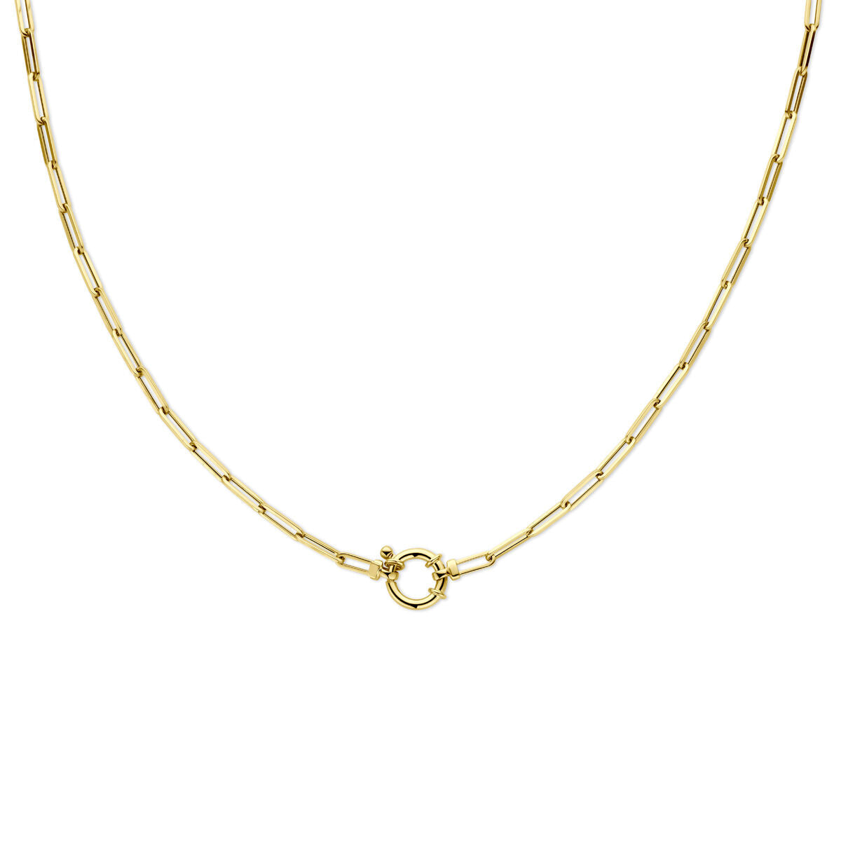 Collana in oro giallo 14K con maglie a forma di clip e chiusura a molla grande, lunghezza 45 cm.