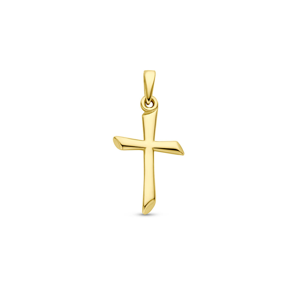 De hanger kruis 14K geelgoud van Van der Kooij Collectie heeft gladde randen en een gepolijste afwerking, weergegeven op een witte achtergrond - een tijdloos symbool van geloof en spiritualiteit.