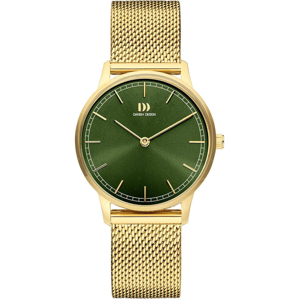 Orologio con quadrante verde, cassa dorata e cinturino in maglia metallica dorata.