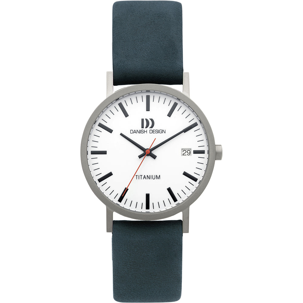 Orologio in titanio con quadrante bianco e cinturino in pelle blu scuro.