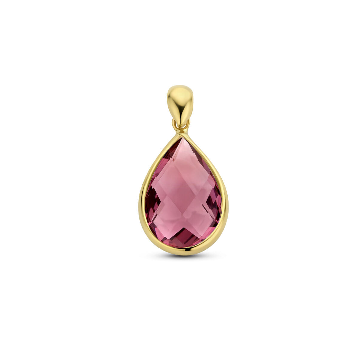 Hanger in 14K geelgoud met een druppelvormige rhodoliet kwarts steen in een heldere, roze tint.