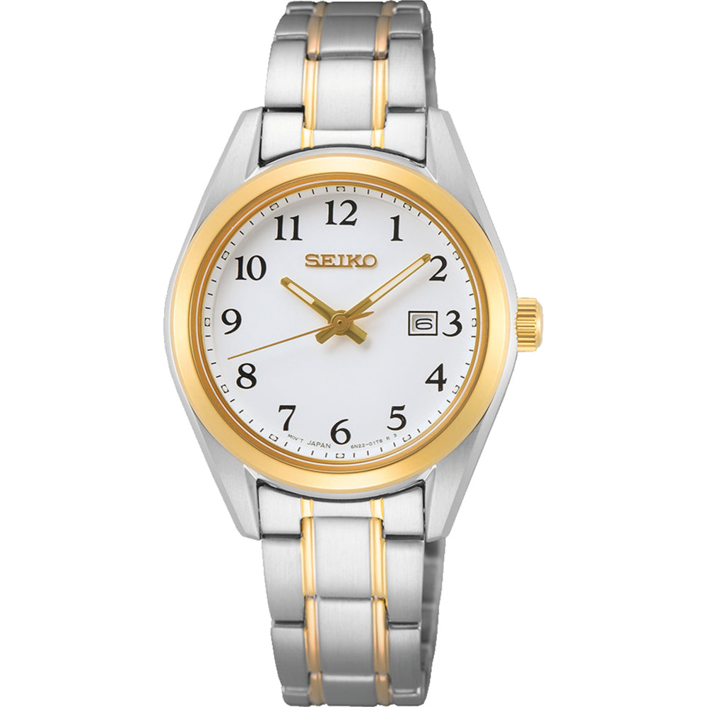 Orologio da donna Seiko con cassa argentata e dorata, quadrante bianco e cinturino in acciaio.