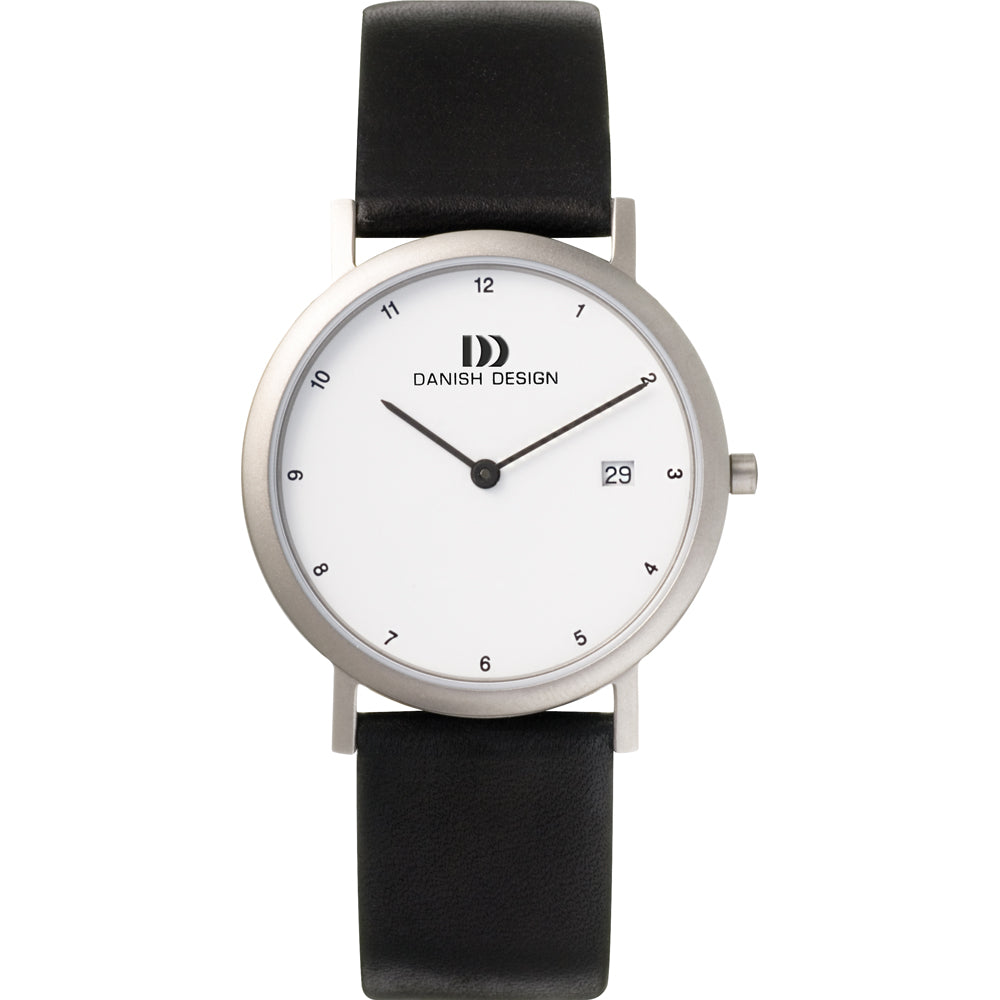 Orologio con quadrante bianco, cassa in acciaio inox e cinturino in pelle nera.