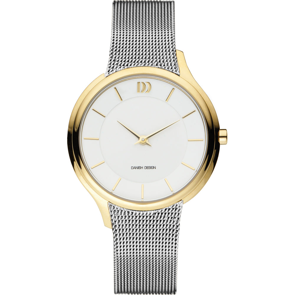 Orologio con cassa dorata, quadrante bianco e cinturino in maglia d'acciaio.