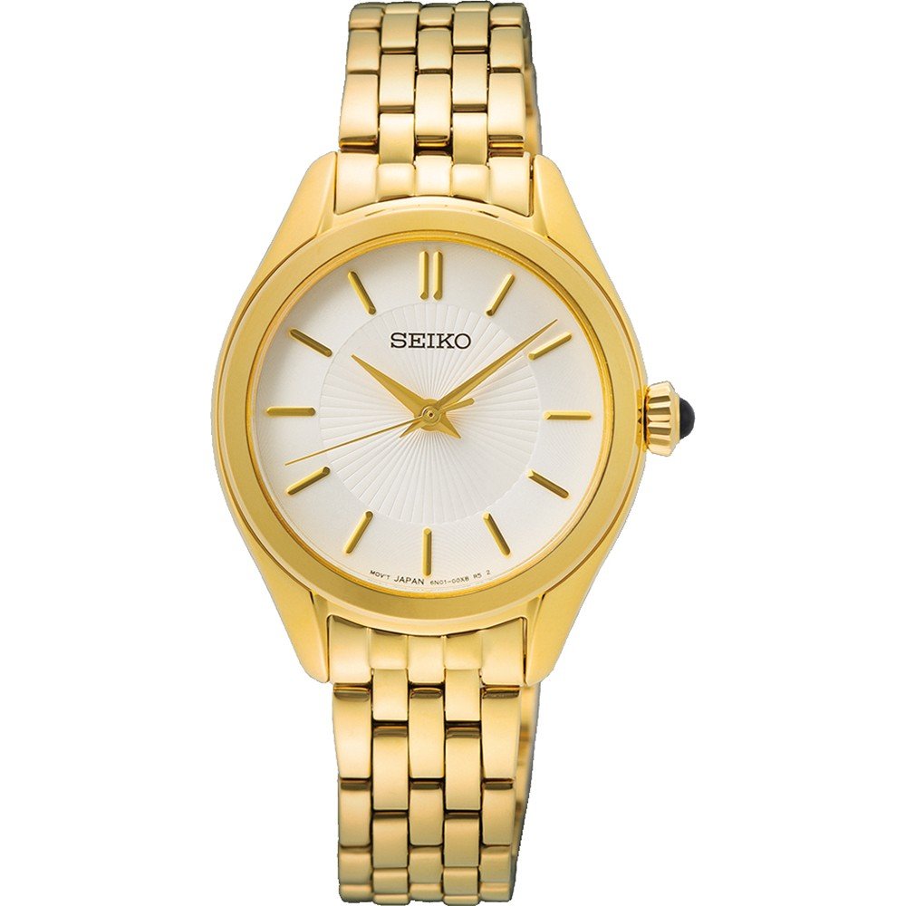 Orologio da donna Seiko con cassa dorata, quadrante bianco e bracciale in maglia rolò dorata.