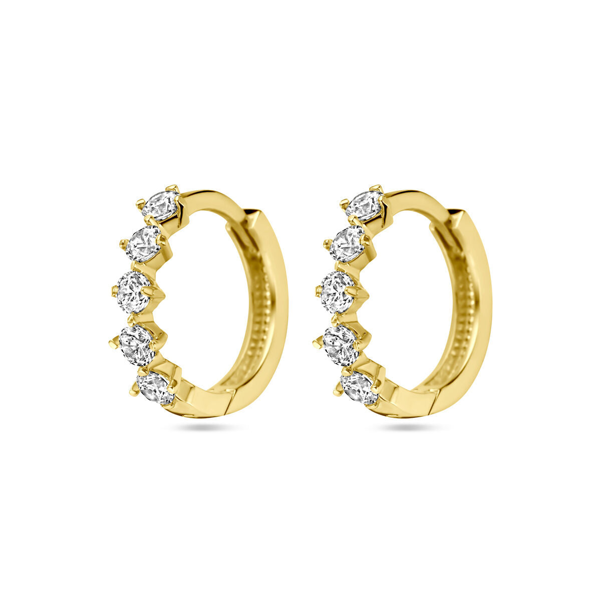 Orecchini alla creola in oro giallo 14K con zircone, design a cinque pietre.