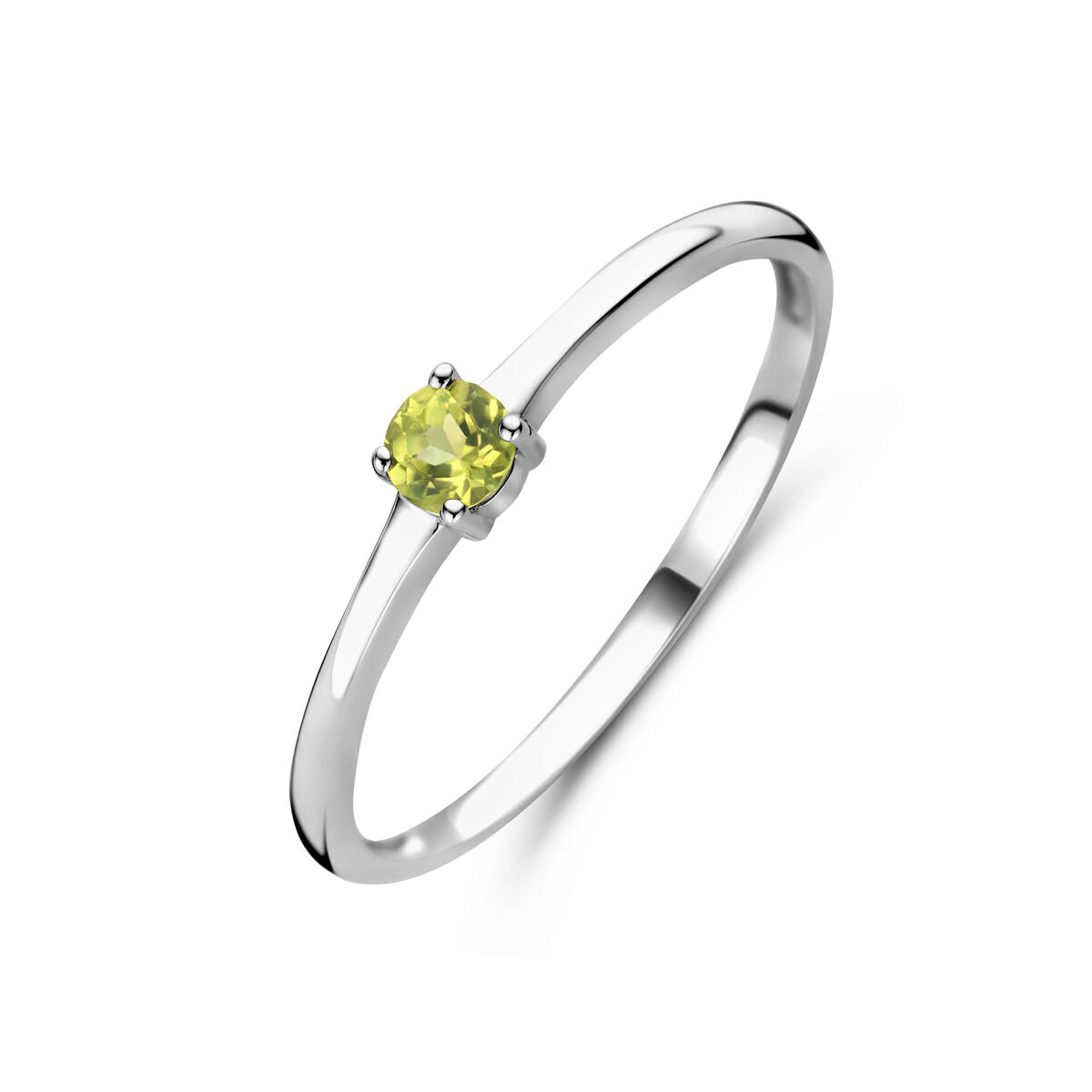 Anello in argento rodiato con pietra di nascita peridoto di agosto, design semplice e brillante.