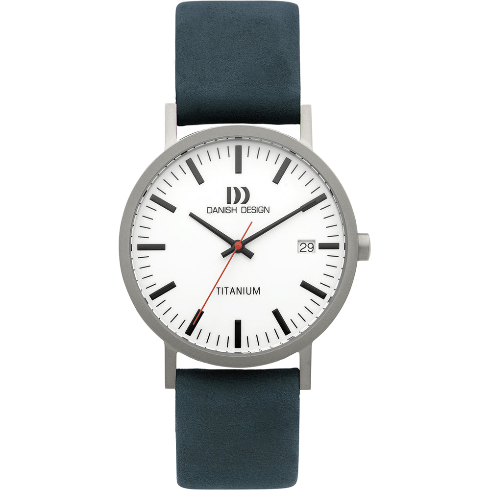 Orologio in titanio con quadrante bianco, cinturino in pelle blu e dettagli neri.