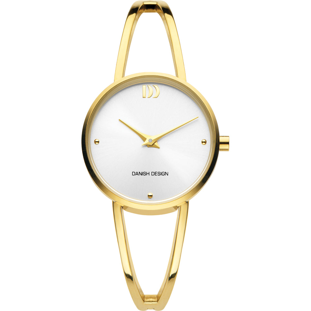 Orologio con cassa dorata e quadrante bianco, cinturino sottile in metallo.