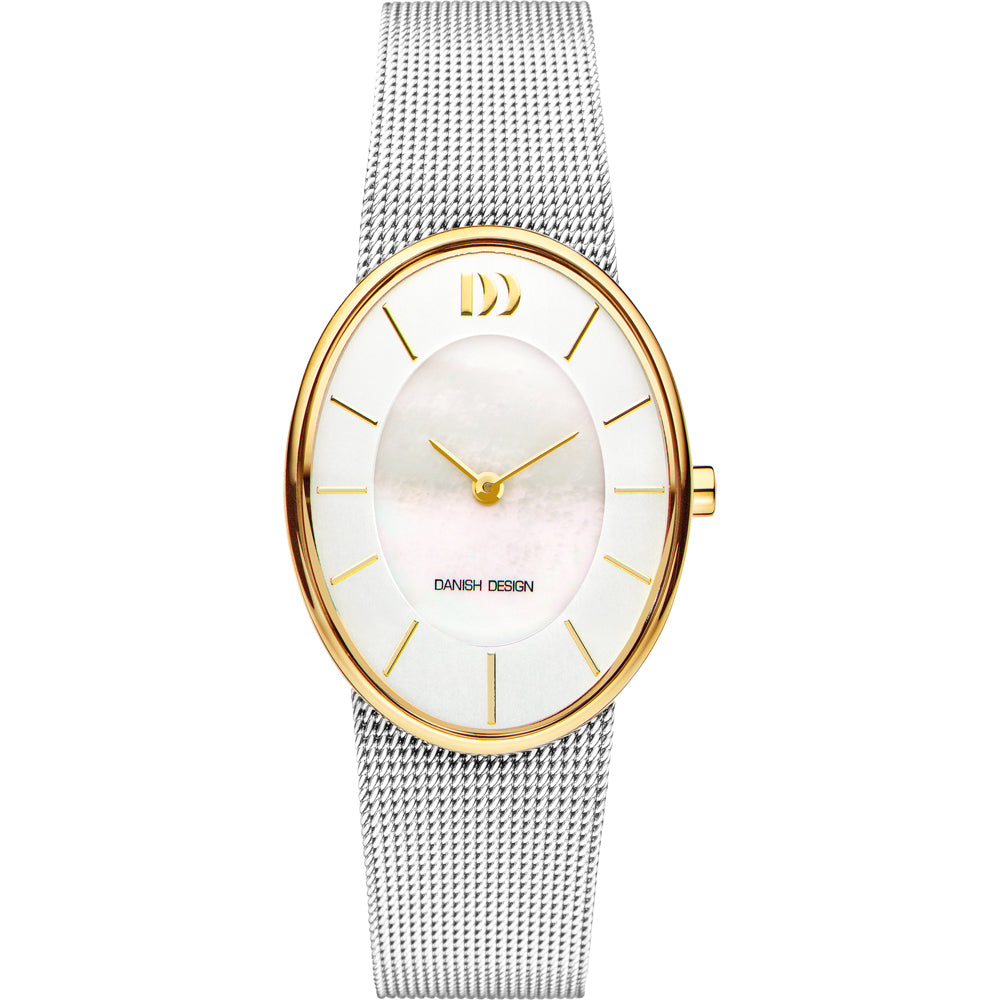 Orologio da donna con quadrante bianco, cassa ovale dorata e cinturino in maglia rolò argentata.