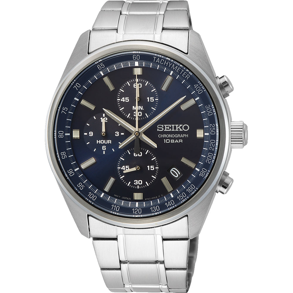 Heren horloge met zilveren stalen band, blauwe wijzerplaat en chronograaffunctie.