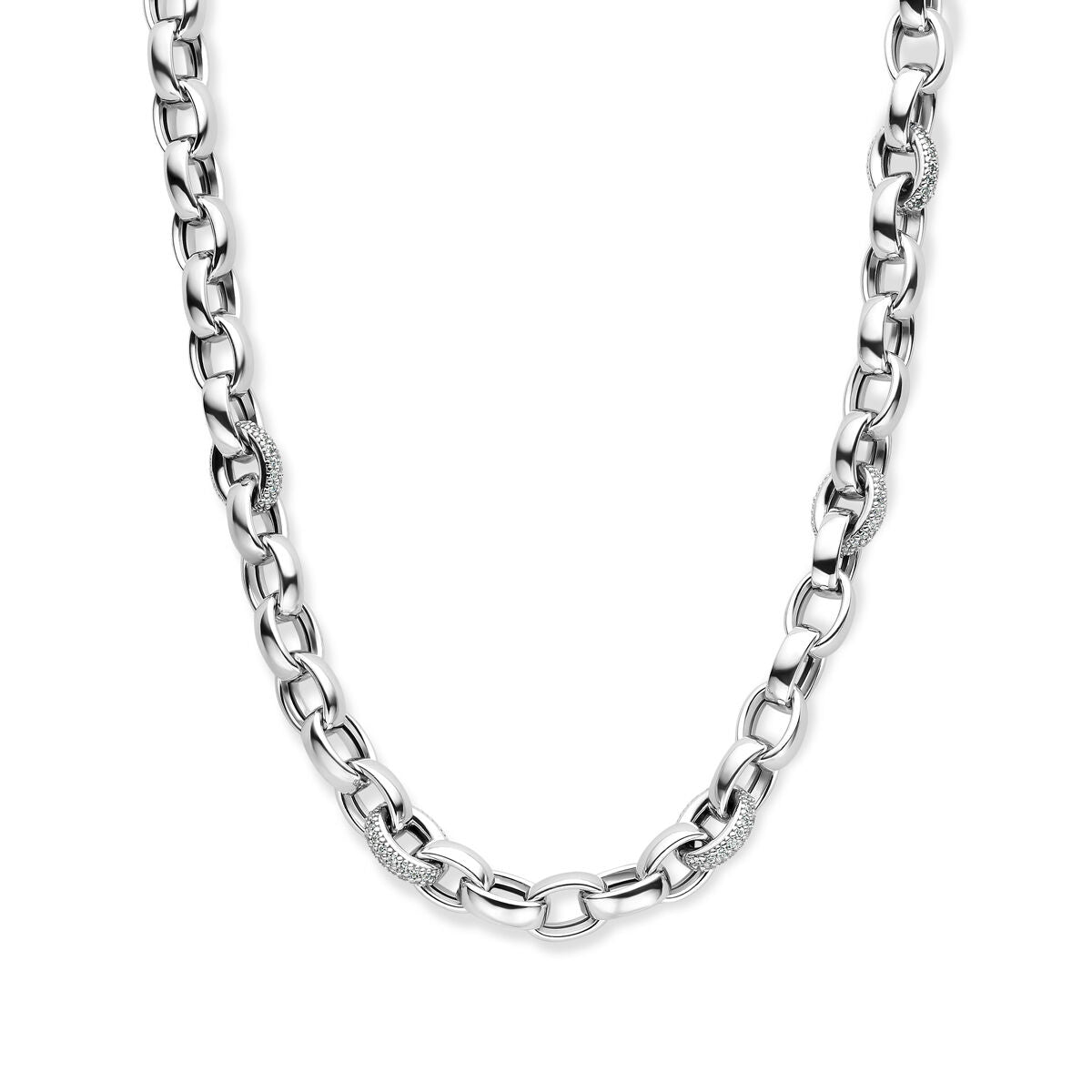 Collana in maglia rolò argentata con zirconi ovali di 7,5 mm, lunghezza 45 cm.
