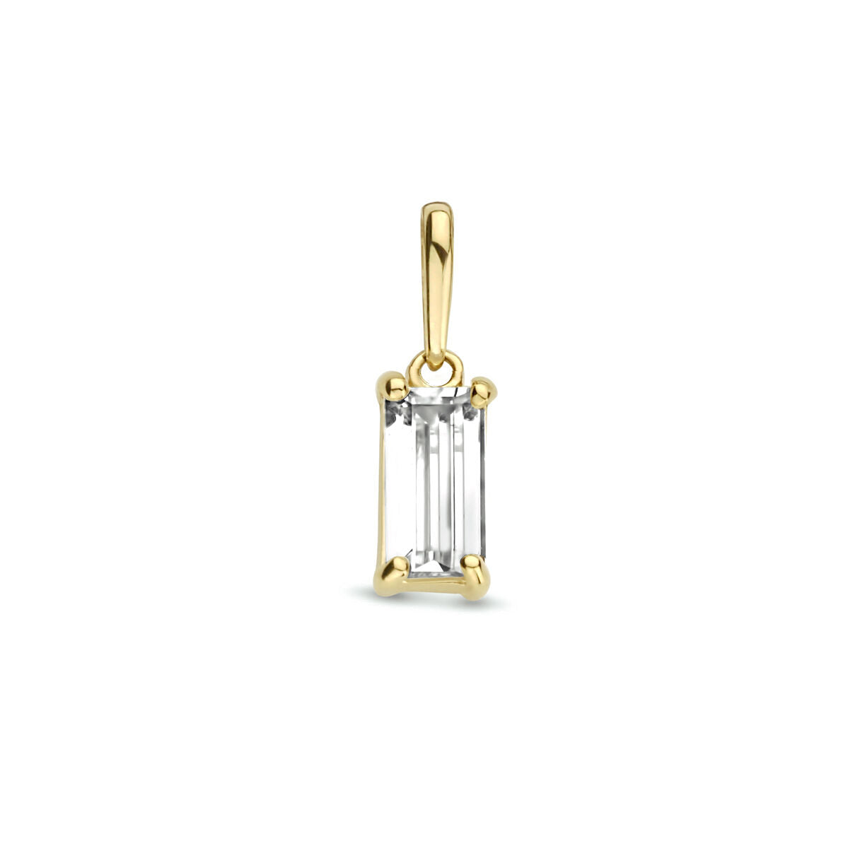 Ciondolo in oro giallo 14K con zircone trasparente a forma rettangolare.