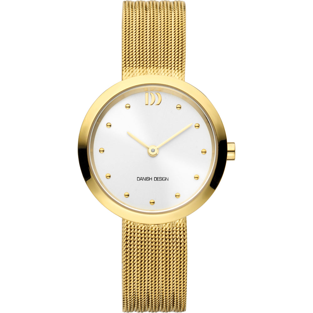 Orologio con cassa dorata e quadrante bianco, cinturino in maglia dorata.