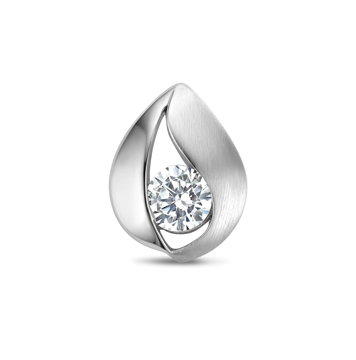 Ciondolo a goccia in argento rodiato con finitura opaca e zircone centrale brillante.