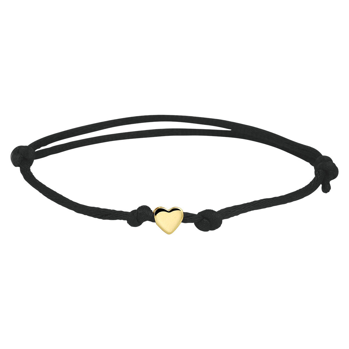 Bracciale in satin nero con cuore in oro 14K e dettagli in gomma/nylon/cuoio.