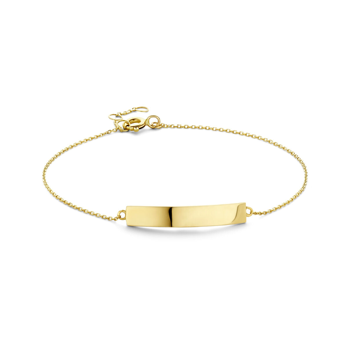 Bracciale in oro giallo 14K con placca liscia e catena sottile, disponibile in diverse misure.