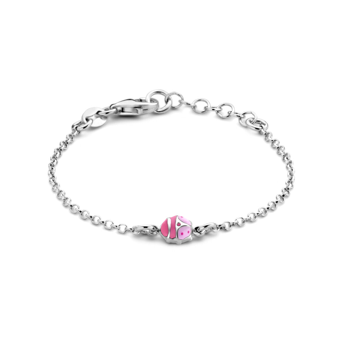 Bracciale in argento rodiato con ciondolo a forma di coccinella, lunghezza 11 + 2 cm.