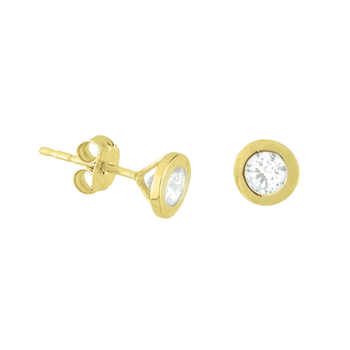 Orecchini in oro giallo 14K con zirconi trasparenti, forma rotonda.