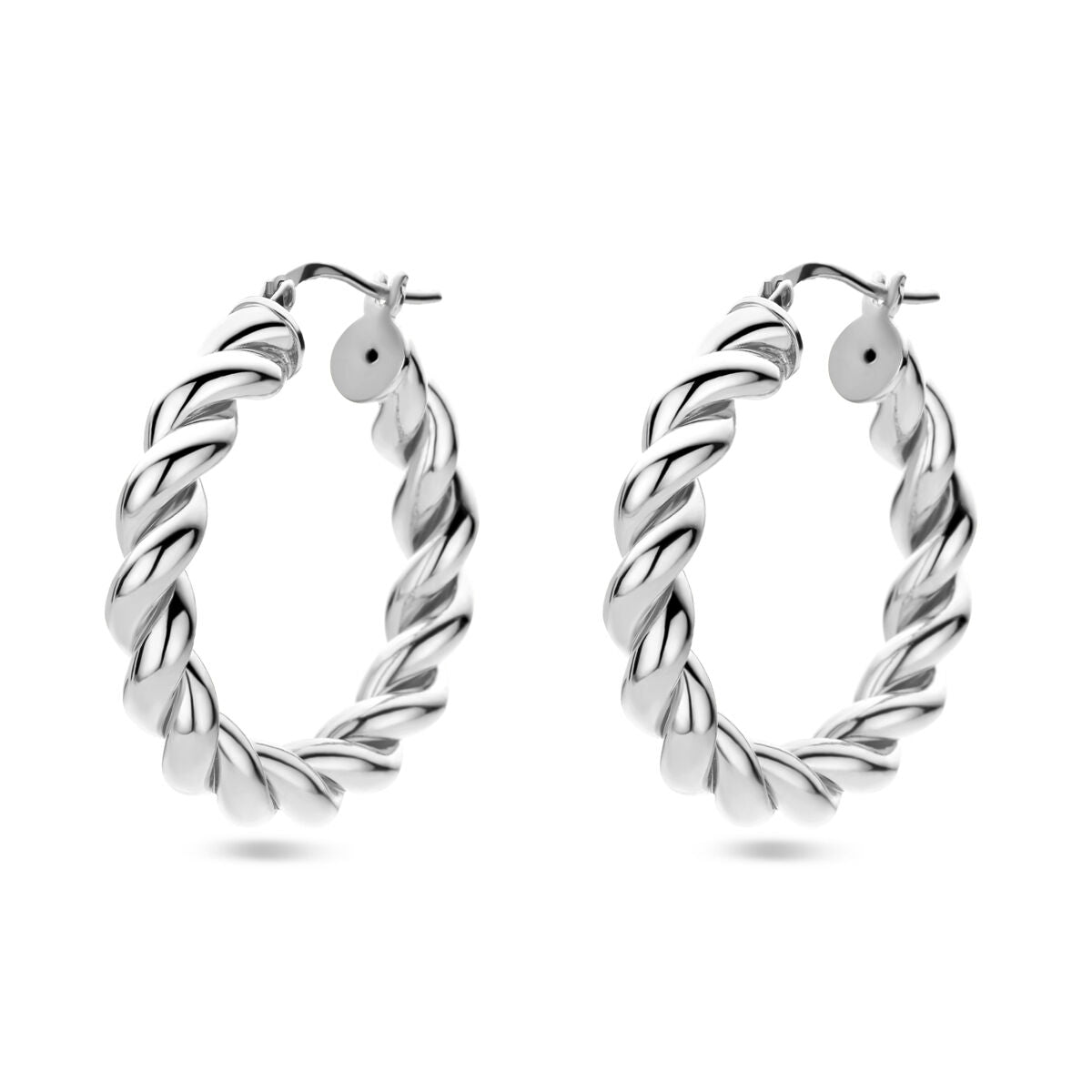 Orecchini alla creola in argento rodiato, con design a spirale.