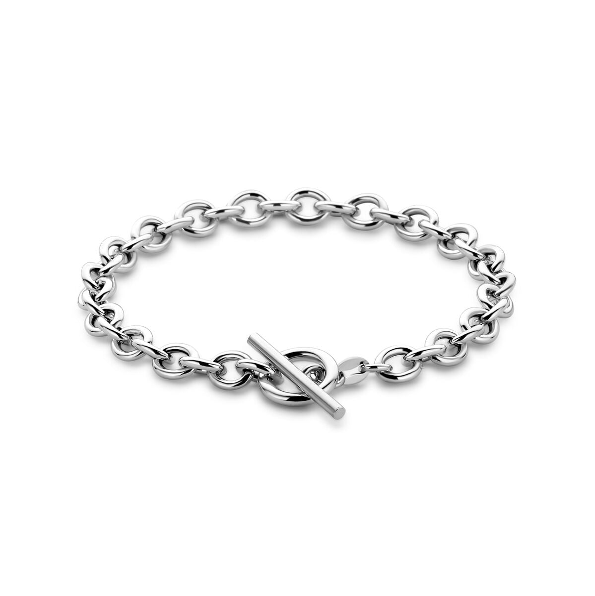 Bracciale in argento rodiato con maglie rotonde di 6 mm e chiusura a cappio, lungo 18,5 cm.