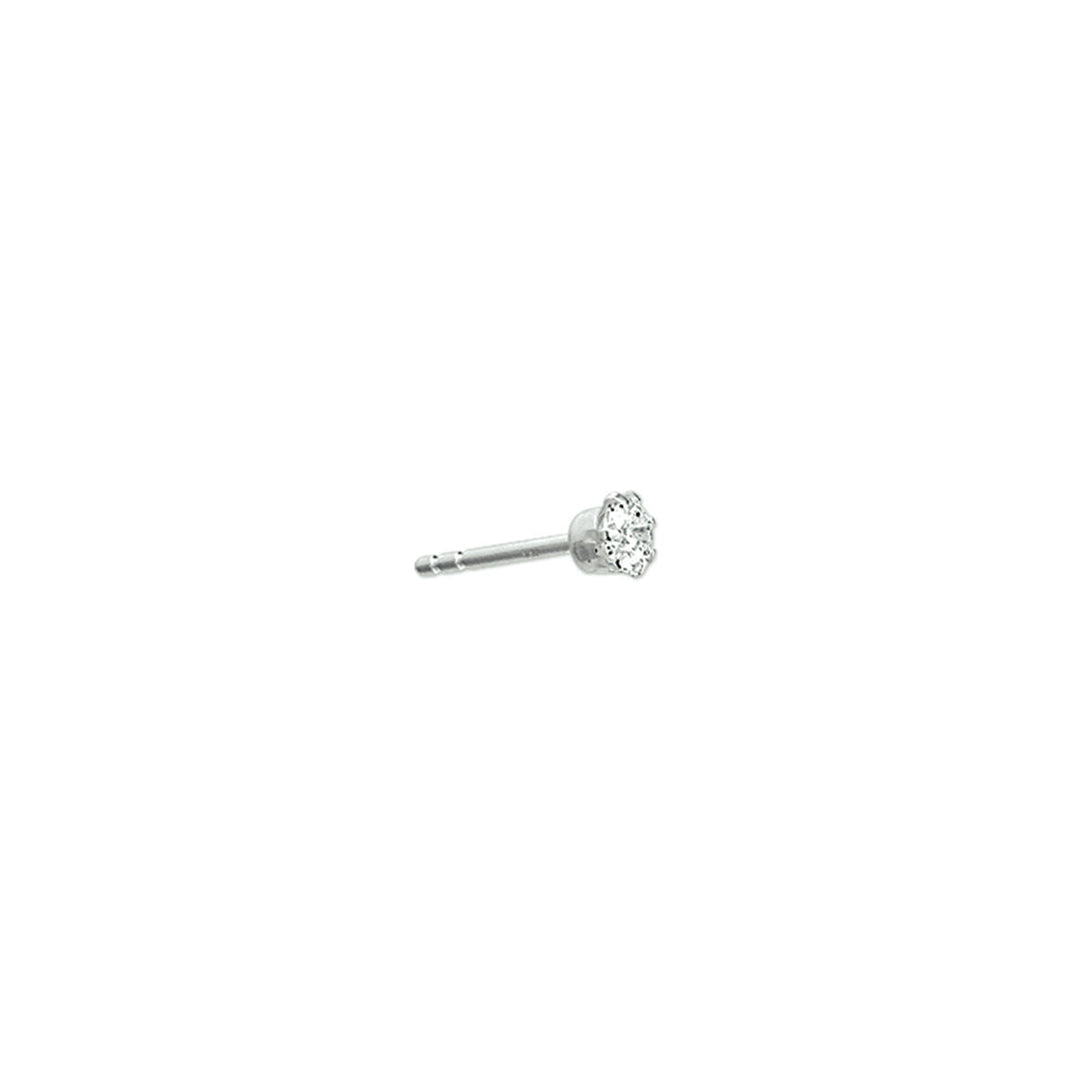 Orecchino in argento rodiato con zirconi, design semplice a forma di fiore.