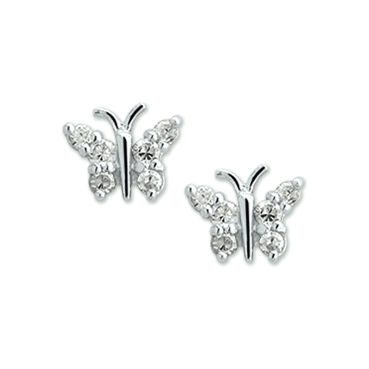 Orecchini a forma di farfalla in argento rodiato con zirconi.
