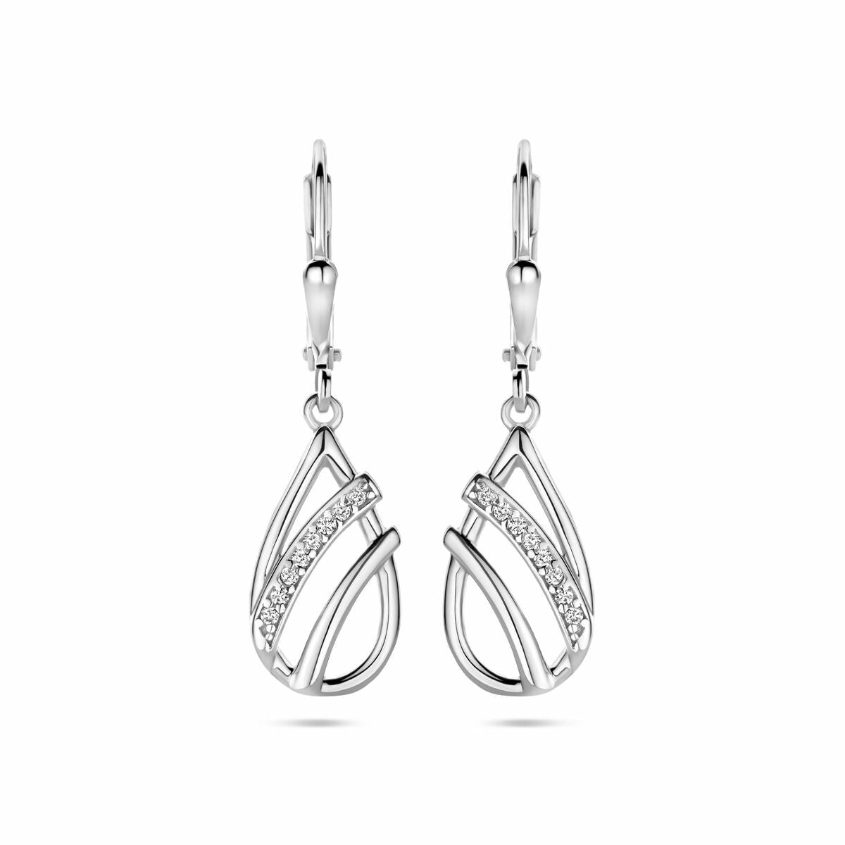 Orecchini pendenti a goccia in argento rodiato con zircone, lunghezza 33 mm.