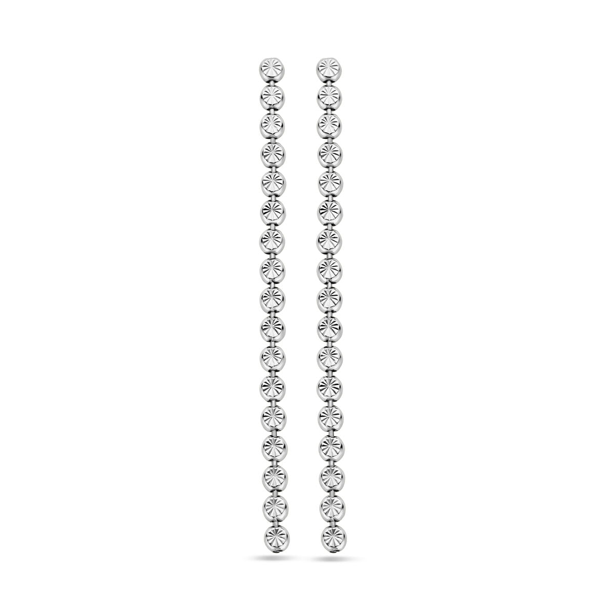 Orecchini pendenti in argento rodiato con diamanti, lunghi 55 mm.