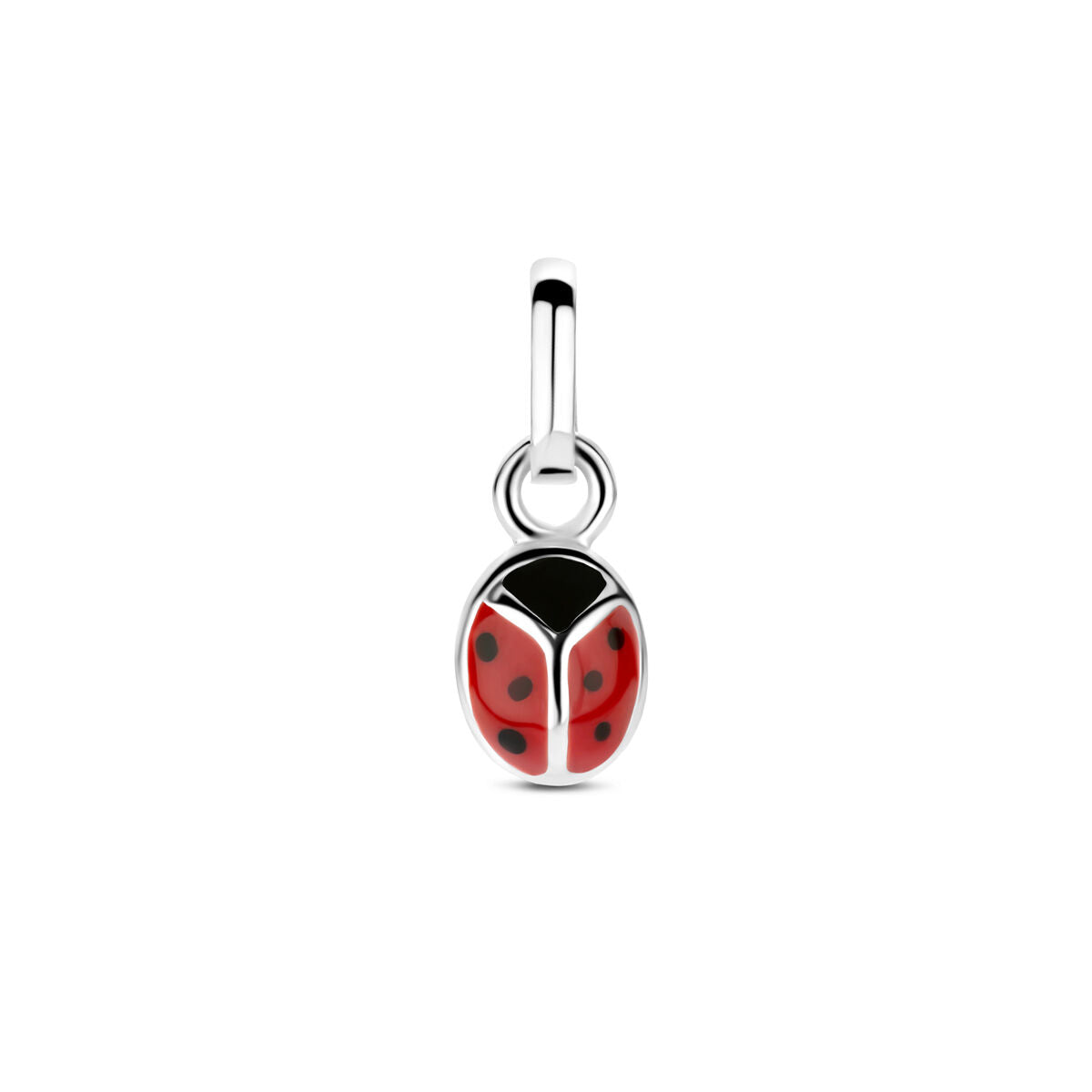Ciondolo per bambini a forma di coccinella in argento 925 rodiato, con dettagli rossi e neri.