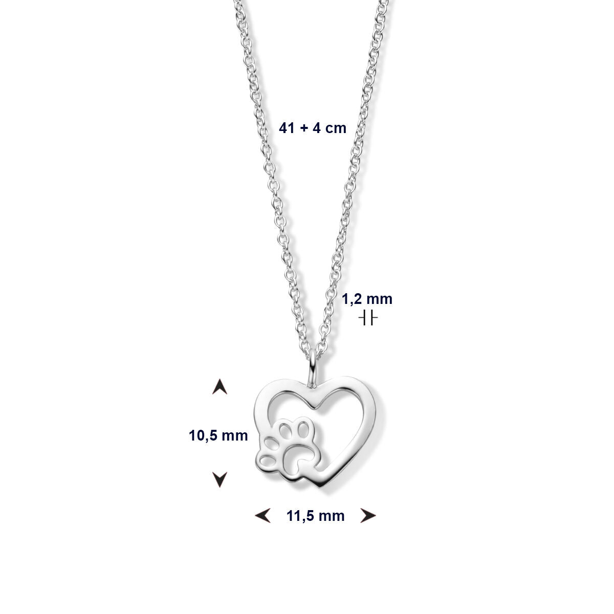 collana cuore zampa di cane 41 + 4 cm argento rodiato