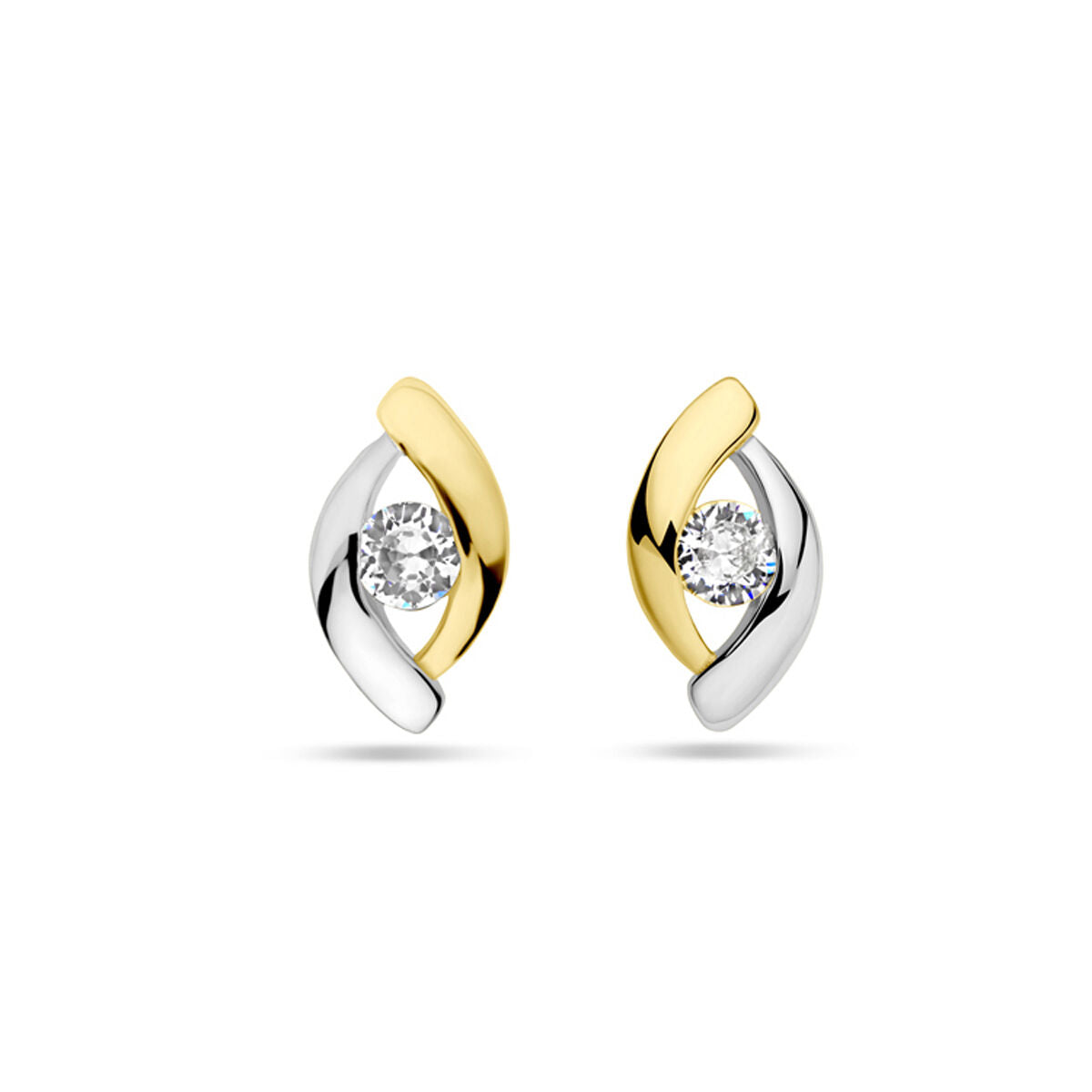 Orecchini in argento dorato con zircone, design a spirale bicolore.