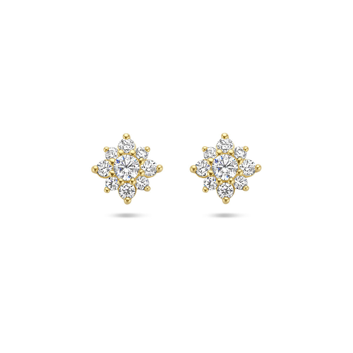 Orecchini in oro giallo 14K con zirconi a forma di rosetta.