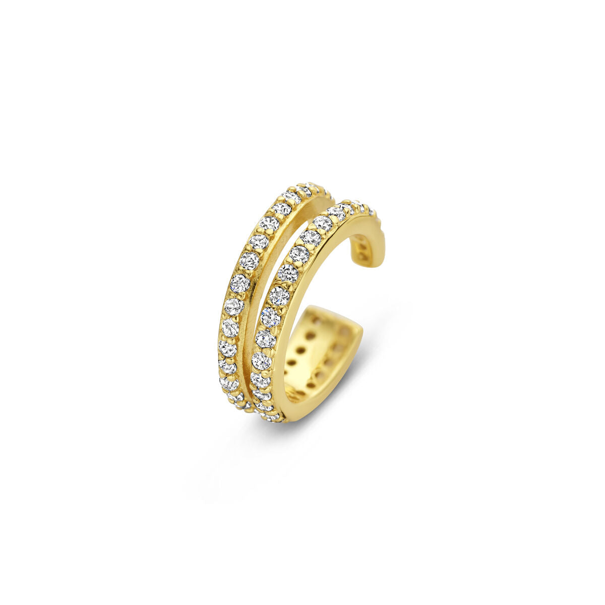 Ear cuff in argento dorato con zirconi, design a doppia fascia.