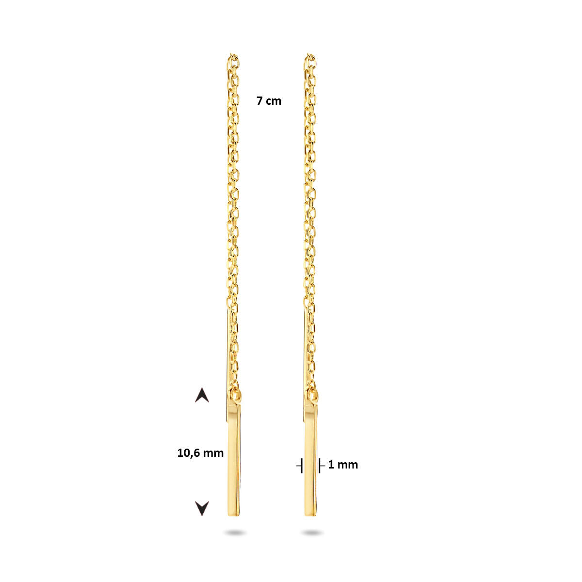 Een paar doortrekoorbellen balkje 14K geelgoud uit Van der Kooij Collectie, met kettingen van 7 cm en verticale spijlen (10,6 mm x 1 mm) - perfect voor liefhebbers van moderne sieraden.
