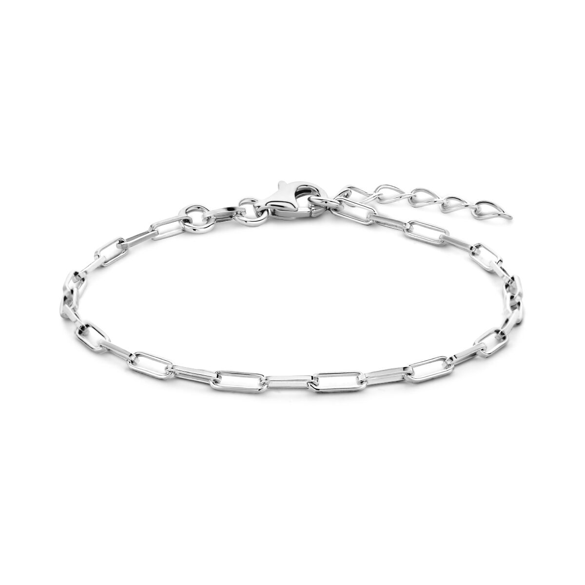 Bracciale in argento rodiato con maglie a forma di clip di carta e chiusura regolabile.