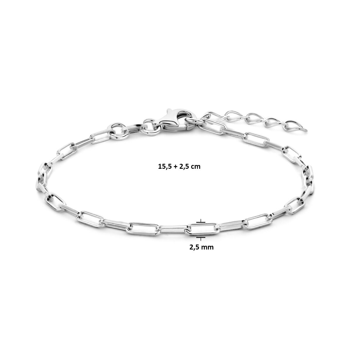 bracciale paperclip tubo quadrato 2,3 mm 15,5 + 2,5 cm argento rodiato