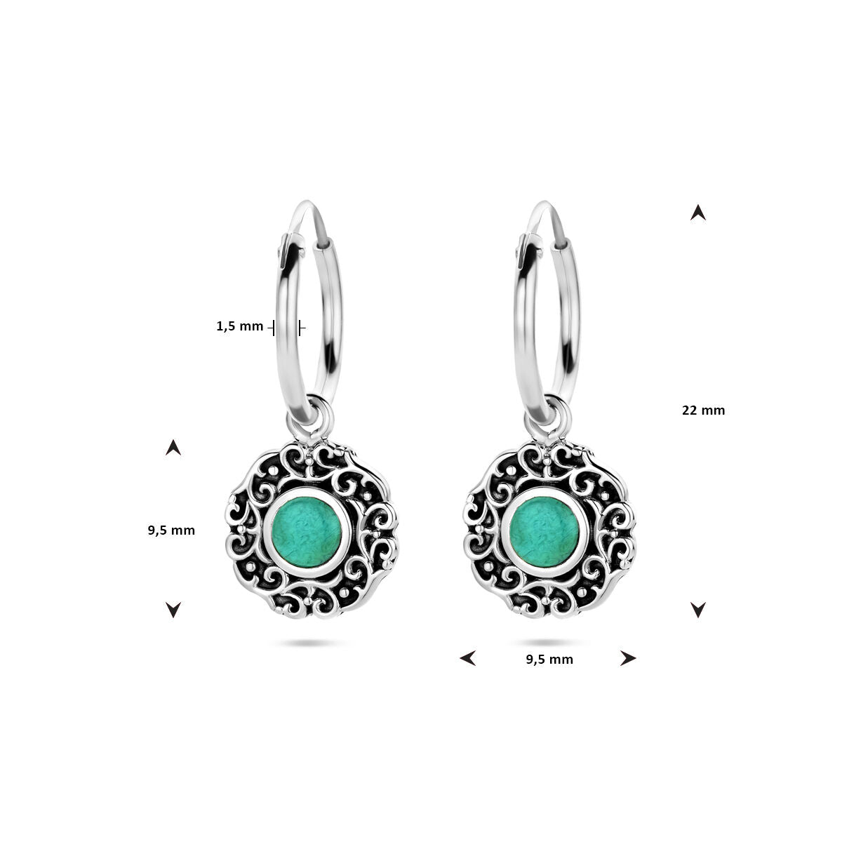 orecchini a cerchio con pietra sintetica verde in argento ossidato