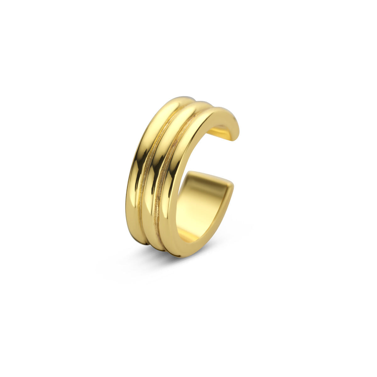 Ear cuff in argento dorato con tre fasce, design minimalista senza foro.