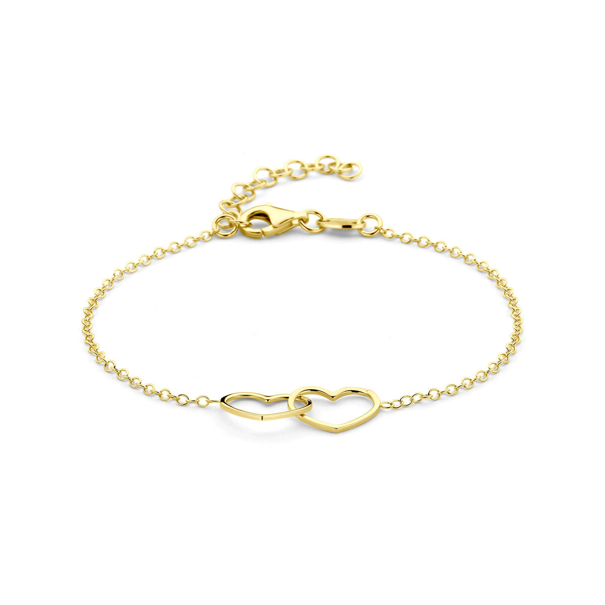 Bracciale in argento dorato con due cuori intrecciate, lunghezza 16 + 3 cm.