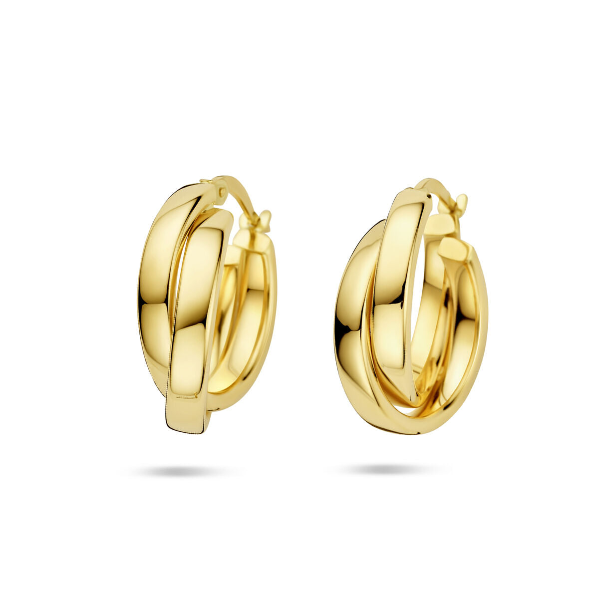 Orecchini alla creola in oro giallo 14k con design intrecciato e lucido.