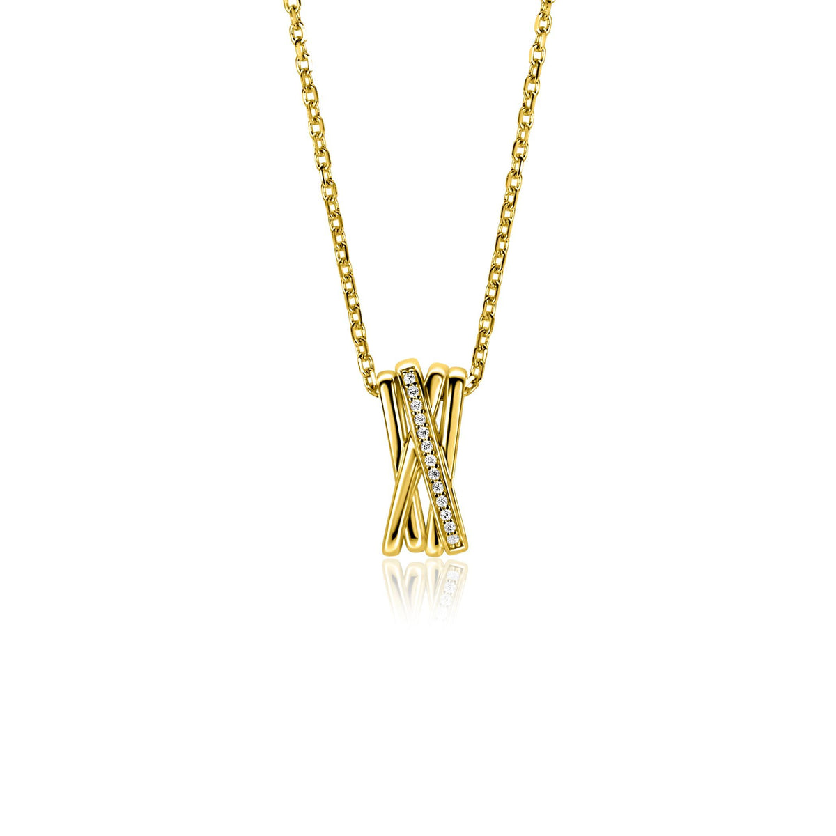 Collana placcata oro con pendente a forma di X decorato con zirconi.