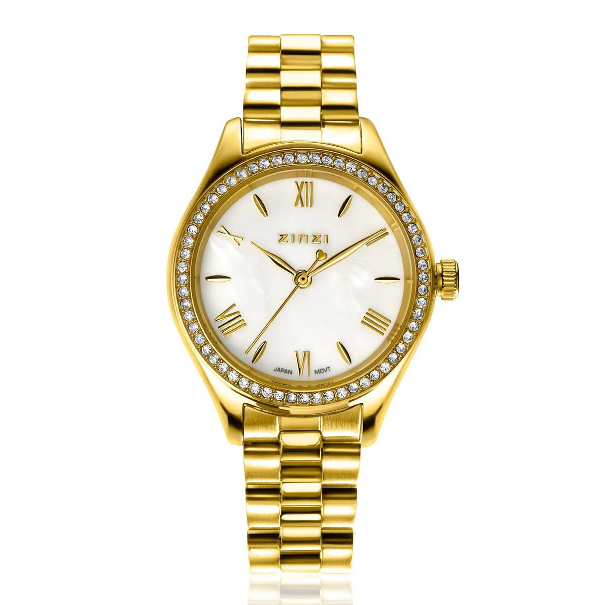 Orologio dorato in acciaio con quadrante bianco e cristalli, cinturino a maglia rolò.