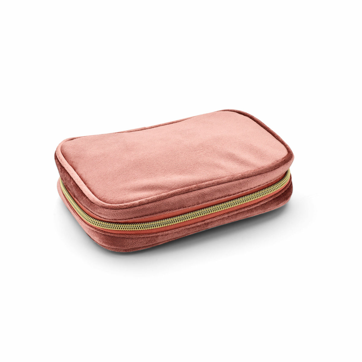 Scatola per gioielli rosa, compatta ed elegante, con chiusura zip e finitura morbida.