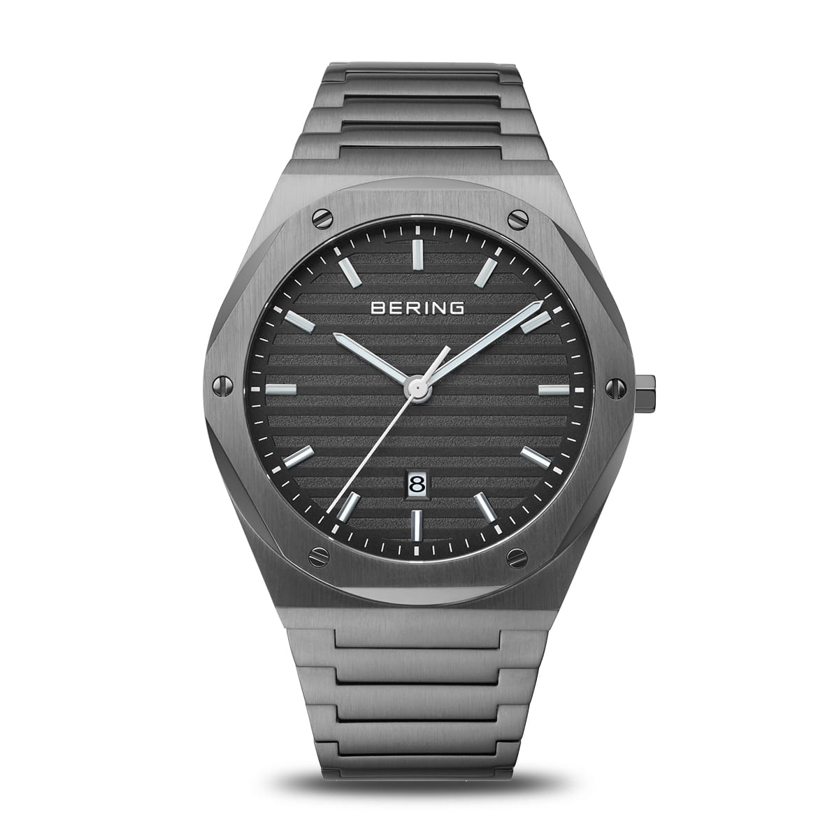 Orologio da uomo Bering con quadrante grigio, cassa e cinturino in acciaio inossidabile, design moderno.