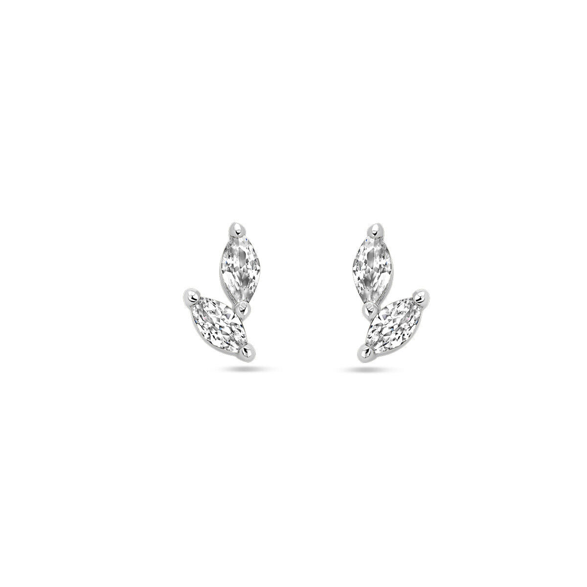 Orecchini in argento rodiato con zirconi, design a forma di foglia.