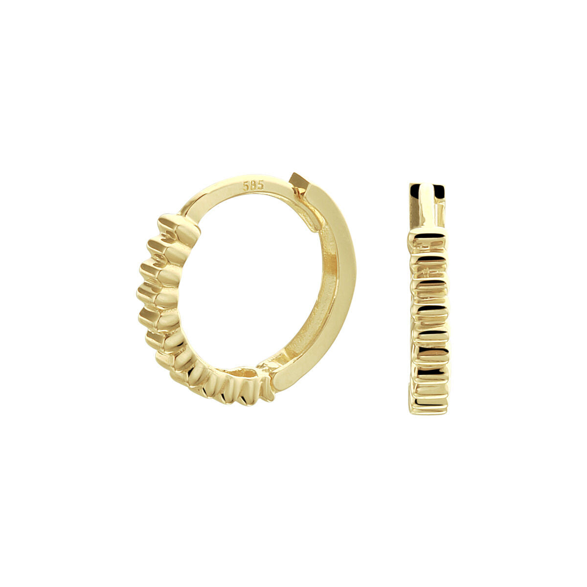Orecchini alla creola in oro giallo 14K con dettagli geometrici.