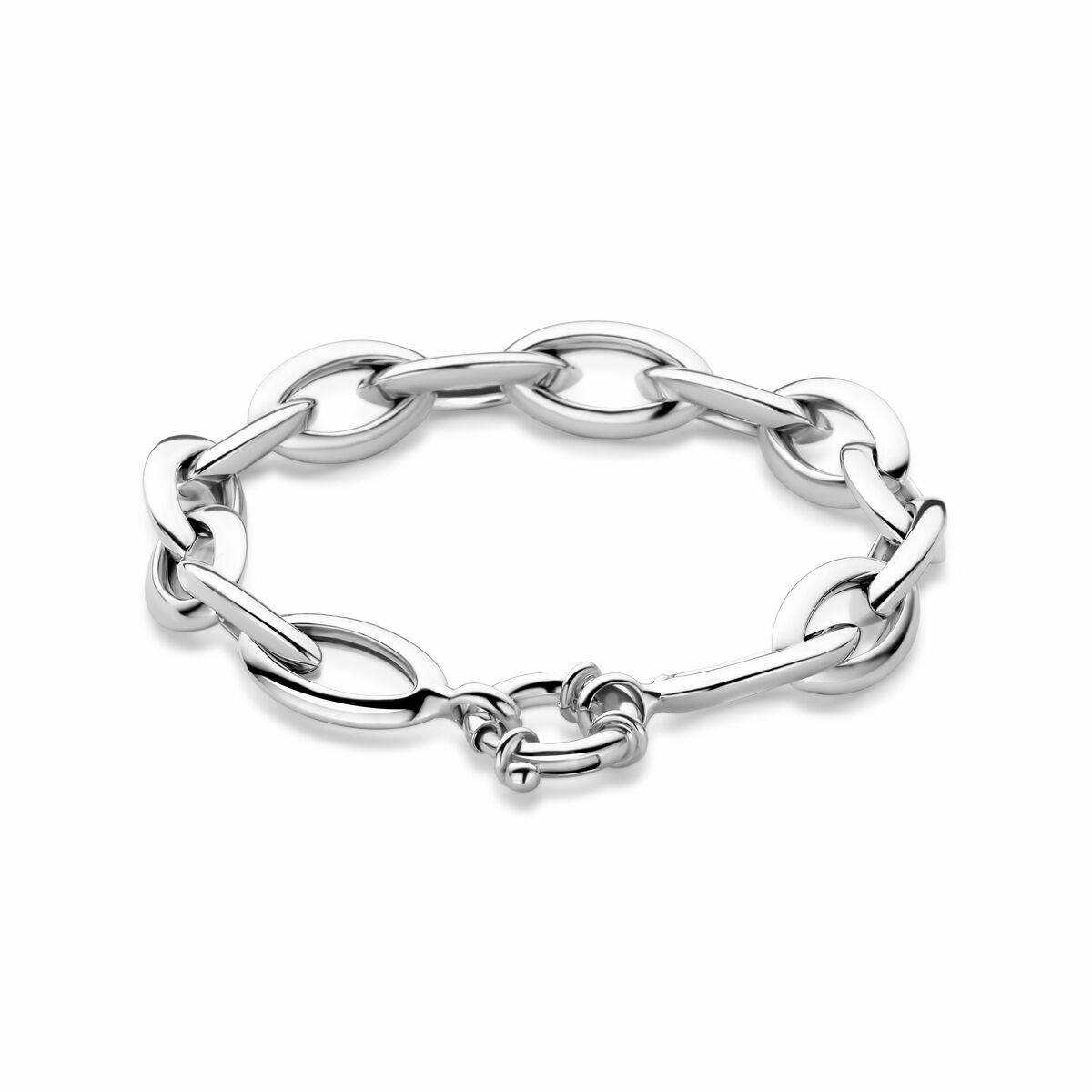 Bracciale in argento rodiato con maglie ad anello di 10,5 mm e chiusura a moschettone.
