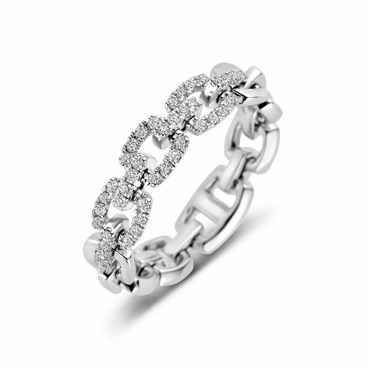 Anello in oro bianco 14K con diamanti da 0,24 ct, design a catena flessibile.