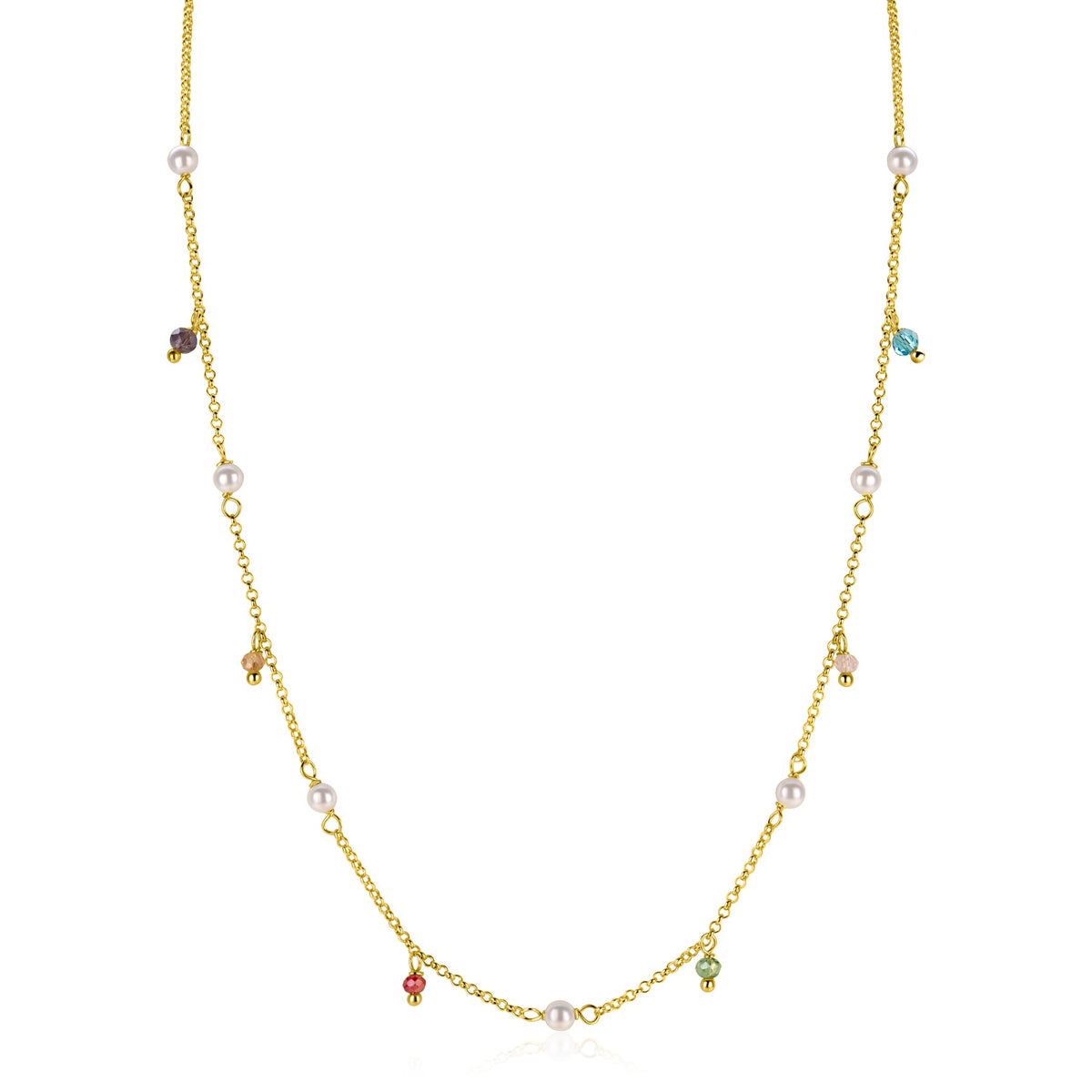 Collana in argento placcato oro con perle e pendenti colorati.